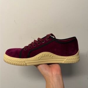CHANEL Deep Burgundy Velvet Sneakers
